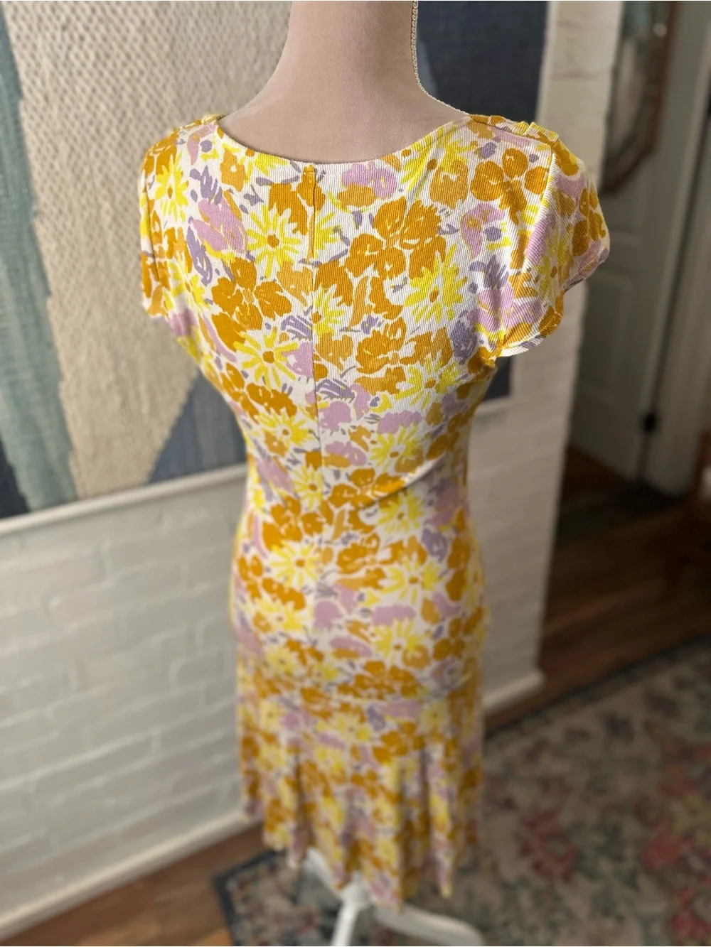 Free People Yellow and Purple Floral Ribbed Drop Waist Dress